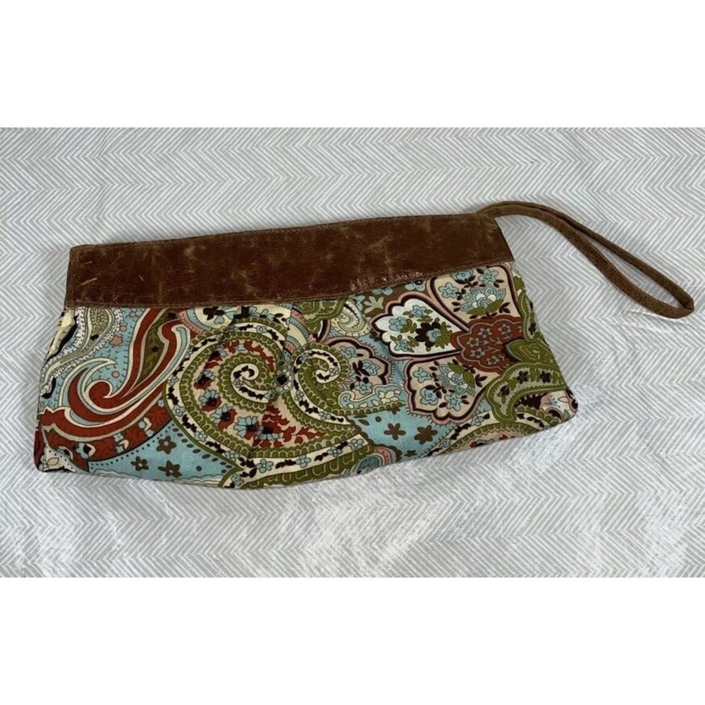 Ebisu Wristlet Clutch Floral Paisley Fabric Brown Leather Trim Multicolor‎ Purse